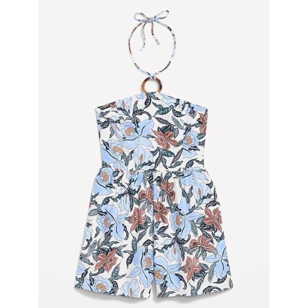 Old Navy Blue Floral Halter Neck Linen Blend Romper Womens Size L Tropical
